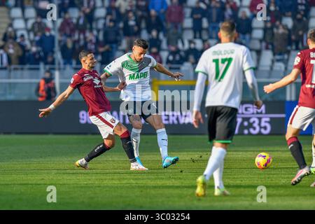 23 janvier 2022, Italie, Turin : Turin, Italie. 23 janvier 2022. Gianluca Scamacca (91) de Sassuolo vu dans le match de série A entre Torino et Sassuolo au Stadio Olimpico à Turin., Credit :Tommaso Fimiano / ZUMA Press (Credit image : © Tommaso Fimiano/Gonzales photo via ZUMA Press) Banque D'Images