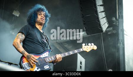 22 juin 2018, Copenhague, Danemark : Copenhague, Danemark. 22 juin 2018. Le groupe de rock américain Deftones donne un concert lors du festival danois de heavy metal Copenhague 2018 à Copenhague. Ici, le bassiste Sergio Vega est vu en direct sur scène. (Crédit photo : Gonzales photo - Nikolaj Bransholm) (crédit image : © Nikolaj Bransholm/Gonzales photo via ZUMA Press) Banque D'Images