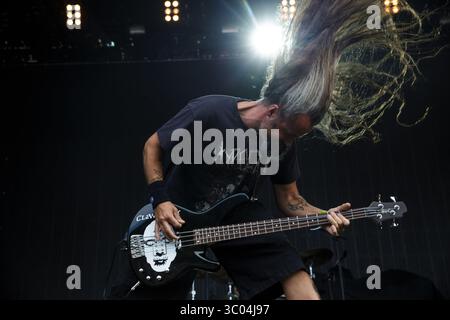 25 juin 2016 - Copenhague, Angleterre, Danemark - le groupe suédois de rock et de nu metal Clawfinger donne un concert au festival danois de heavy metal Copenhague 2016 à Copenhague. Ici, le bassiste Andre Skaug est vu en direct sur scène. Danemark, 25/06 2016. (Crédit image : © Peter Troest/Gonzales photo via ZUMA Press) Banque D'Images