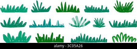 Buissons dessinés à la main et collection d'herbe. Ensemble d'arbustes crayon vert. Arbustes griffonnés en forme de faisceau. Eléments de feuillage esquissés au crayon. Pack de plantes vertes griffonnées de dessin animé. Illustration vectorielle Illustration de Vecteur