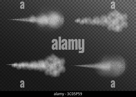 Eau de brouillard de vapeur, jet d'eau aéré isolé sur fond transparent noir. Ensemble d'illustration réaliste vectoriel, collection. Illustration de Vecteur