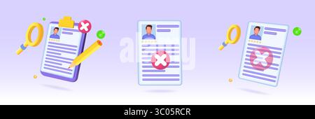 CV rejet, refus d'accorder un emploi icône . ensemble d'illustrations vectorielles 3d réalistes, collection. Illustration de Vecteur