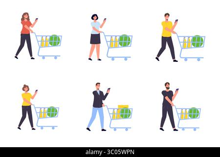 Personnage avec un panier d'épicerie. Illustration isolée vectorielle Illustration de Vecteur