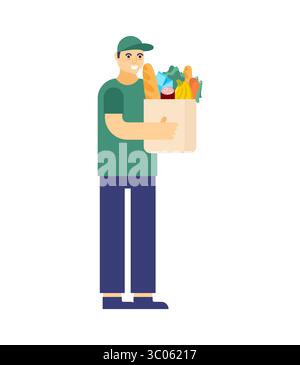 livreur dans une casquette verte et chemise porte une boîte d'épicerie. Symbolise la livraison de nourriture en ligne, le service de messagerie, les achats sans contact, ou e-comm Illustration de Vecteur