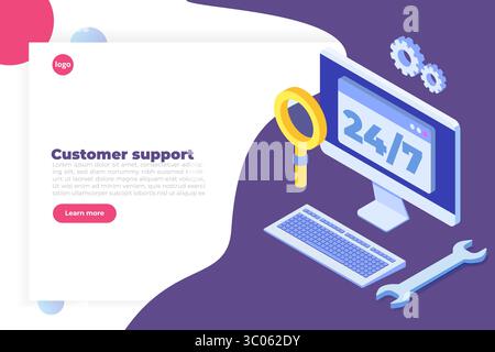Support ou centre d'appels 24/7 concept. Modèles de conception de page Web ou de bannière. service clientèle ouvert 24 heures sur 24. Illustration vectorielle isométrique. Illustration de Vecteur