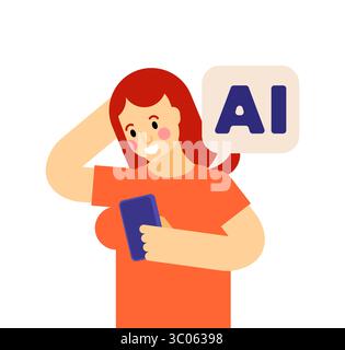 Femme tient son smartphone avec une icône IA à proximité, représentant l'intelligence artificielle dans les applications quotidiennes et la communication. Описание (RU) : Illustration de Vecteur