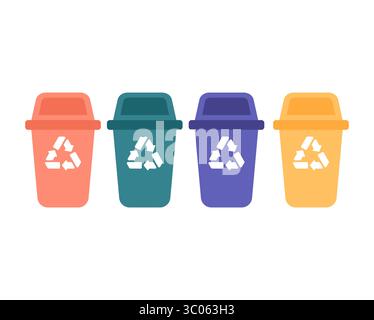 Quatre icônes de poubelle pour le recyclage : déchets généraux, papier, plastique et organiques. Symboles clairs favorisant un comportement respectueux de l'environnement et une séparation appropriée des déchets Illustration de Vecteur