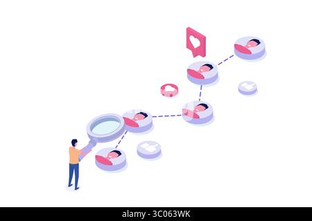 Trouver des prospects, stratégie marketing, générer des ventes, trouver un nouveau client, concept d'entonnoir de vente. Ensemble d'illustrations vectorielles isométriques pour bannière, site Web, landi Illustration de Vecteur