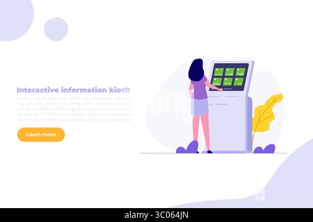 Femme utilisant le terminal libre-service, concept interactif de kiosque d'information. Illustration vectorielle plate pour bannière, site Web, page de destination, flyer. Illustration de Vecteur