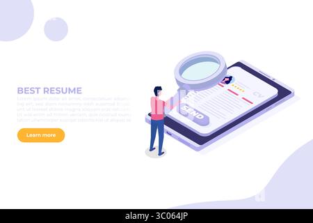 Recherche d'emploi. Envoyez un cv en ligne ou téléchargez un CV, postulez pour des emplois. Document de données sur le recrutement des employés. Illustration vectorielle isométrique pour bannière, site web, la Illustration de Vecteur