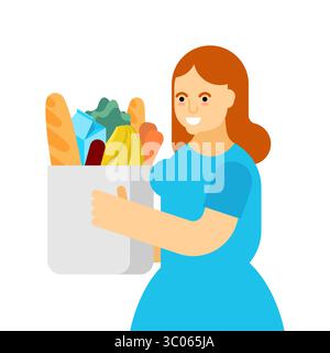 Jeune femme tenant un sac d'épicerie avec des produits alimentaires. Concept de shopping sain, d'éco-style de vie, de produits biologiques ou de routine quotidienne. Idéal pour la nourriture, deliv Illustration de Vecteur