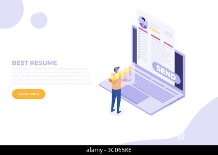 Recherche d'emploi. Envoyez un cv en ligne ou téléchargez un CV, postulez pour des emplois. Document de données sur le recrutement des employés. Illustration vectorielle isométrique pour bannière, site web, la Illustration de Vecteur