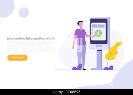 Homme utilisant le terminal libre-service, concept de kiosque d'information interactif. Illustration vectorielle plate pour bannière, site Web, page de destination, flyer. Illustration de Vecteur