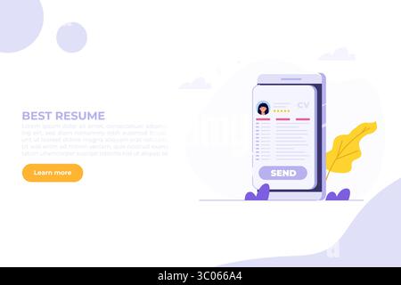 Recherche d'emploi. Envoyez un cv en ligne ou téléchargez un CV, postulez pour des emplois. Document de données sur le recrutement des employés. Illustration vectorielle plate de dessin animé pour bannière, site Web, Illustration de Vecteur