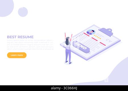 Recherche d'emploi. Envoyez un cv en ligne ou téléchargez un CV, postulez pour des emplois. Document de données sur le recrutement des employés. Illustration vectorielle isométrique pour bannière, site web, la Illustration de Vecteur