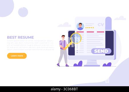 Recherche d'emploi. Envoyez un cv en ligne ou téléchargez un CV, postulez pour des emplois. Document de données sur le recrutement des employés. Illustration vectorielle plate de dessin animé pour bannière, site Web, Illustration de Vecteur