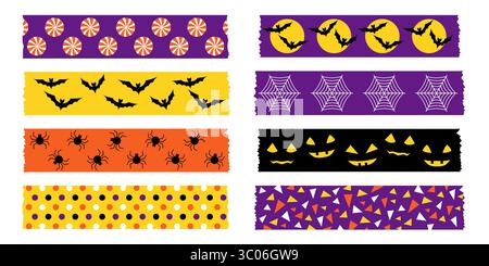Ensemble de ruban washi d'Halloween avec de mignons motifs effrayants, y compris des araignées chauves-souris et des citrouilles. Ruban de masquage vectoriel dans les couleurs violet orange et noir pour Illustration de Vecteur