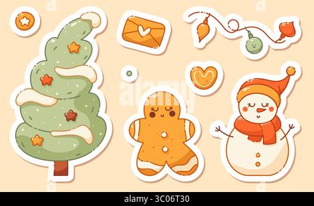 Autocollants de Noël avec un bonhomme de neige mignon, arbre de Noël, étoile, cookie, enveloppe avec un coeur et une guirlande. Illustration de Vecteur