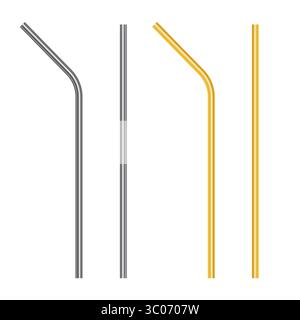 Jeu de pailles métalliques en acier réutilisable. Illustration vectorielle réaliste. Illustration de Vecteur