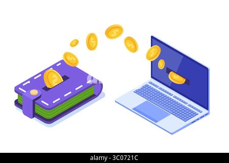 Transfert d'argent du portefeuille vers le PC. Illustration vectorielle isométrique. Illustration de Vecteur