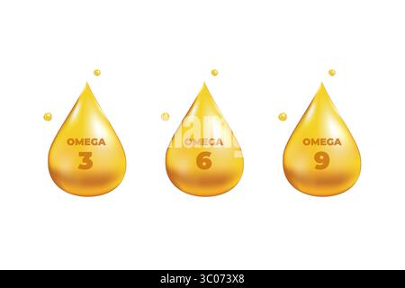 Oméga 3, 6, 9 acides gouttes d'or icône. Gras polyinsaturés. Conception de soins de la peau de nutrition et traitement de beauté. Illustration vectorielle. Illustration de Vecteur