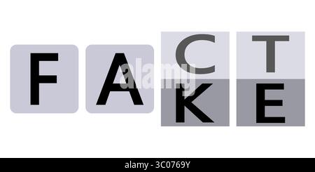 Représentation visuelle créative des mots faux et fait mettant en évidence la désinformation et la vérité. Concept de conception de texte abstrait symbolisant les fausses nouvelles et le contenu factuel avec des lettres majuscules. Typographie de fausses nouvelles. Fait vs faux concept. Conception de sensibilisation à la désinformation. Mise en page de la vérité typographique. Message de fraude numérique. Illustration de Vecteur