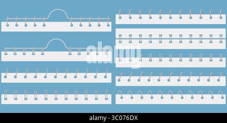 Ensemble vectoriel plat de divers styles de reliure de fil et de bobine de carnet sur un fond bleu. Utile pour les présentations, les modèles de conception ou le matériel éducatif. Reliure de bobine pour ordinateur portable. Icône de fil en spirale. Conception de reliure de papier. Liant vectoriel plat. Mouvement de boucle de fil. Illustration de Vecteur