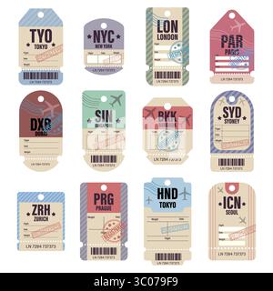 Une série d'étiquettes de bagage colorées de style vintage avec les codes des villes des aéroports internationaux et des timbres de voyage. Étiquette de bagage de voyage. Etiquette de code aéroport vintage. Jeu d'autocollants de voyage rétro. Vecteur de code ville de l'aéroport. Une série d'étiquettes de bagage colorées de style vintage avec les codes des villes des aéroports internationaux et des timbres de voyage. Illustration de Vecteur