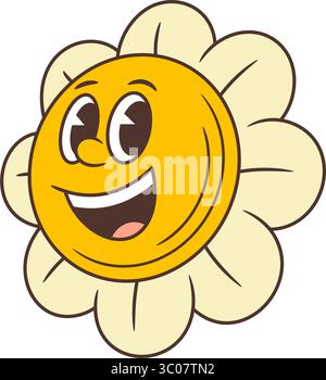 Une mascotte joyeuse de fleurs rétro avec un grand visage souriant et les yeux grands ouverts. Parfait pour les cartes de vœux, les thèmes positifs et les messages joyeux. ve Illustration de Vecteur