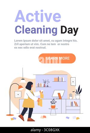 Femme nettoyant le salon moderne maison plantes intérieures meubles bouteille de pulvérisation d'ordinateur Cozy scène domestique couleurs pastel bannière de site Web Illustration de Vecteur