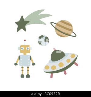 Illustration fantaisiste mettant en vedette un robot, un vaisseau spatial, des planètes et une étoile filante, parfaite pour les livres pour enfants ou les projets sur le thème de l'espace Banque D'Images