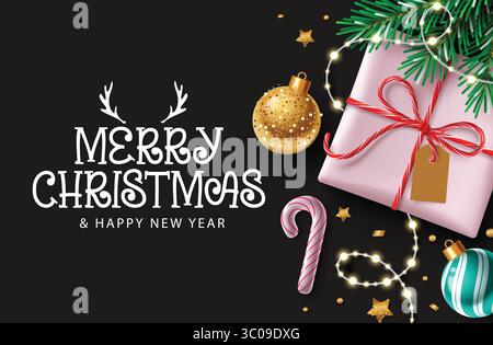 Conception de clipart de voeux de Noël avec cadeau, ornements, canne à sucre, lumières et texte de voeux de Noël. Conception de salutation de joyeux Noël avec Christma Illustration de Vecteur