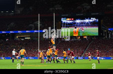 L'Australie remporte une ligne de démarcation lors du match du Qatar Airways Lions Tour au Suncorp Stadium de Brisbane, en Australie. Date de la photo : samedi 19 juillet 2025. Banque D'Images