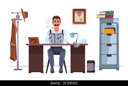 Détective privé assis au bureau avec ordinateur portable et pipe à fumer entouré de dossiers et de documents. Manteau et chapeau sur cintre, lampe de table, diplôme encadré Illustration de Vecteur
