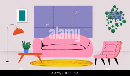 Intérieur stylisé du salon avec canapé et fauteuil roses, plantes d'intérieur, lampe et table basse, image abstraite sur le mur dans des couleurs vives. Maison confortable Illustration de Vecteur