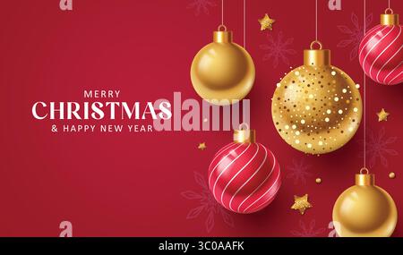 Conception minimaliste de voeux de Noël avec des boules colorées sur fond rouge, bannière Clipart de Noël. Illustration de Vecteur