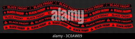 Rubans de bannière de vente de vendredi noir en rouge et noir avec des icônes d'avertissement gras et la conception de ruban ondulé pour les promotions et les publicités. Illustration vectorielle. Illustration de Vecteur