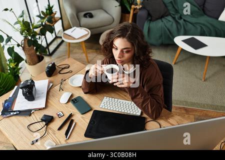 Une femme aux cheveux bouclés sirote un café alors qu'elle se lance dans la photographie indépendante dans son espace de travail à la maison. Banque D'Images