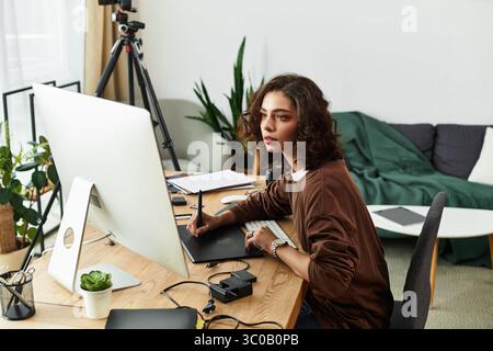 Une artiste talentueuse se concentre sur la retouche avec une tablette graphique dans son espace de travail accueillant. Banque D'Images