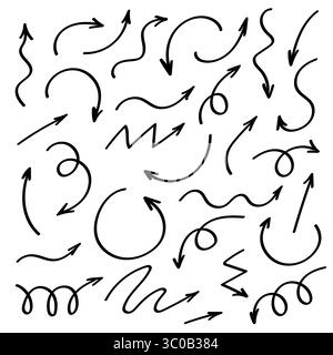 Flèche courbe dessinée à la main définissez des flèches Doodle pour les présentations, les infographies, la conception Web et les notes Illustration de Vecteur