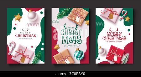 Ensemble d'affiches Clipart de Noël avec boîtes-cadeaux, boules, cannes à sucre et branches de pin sur fond abstrait. Illustration de Vecteur