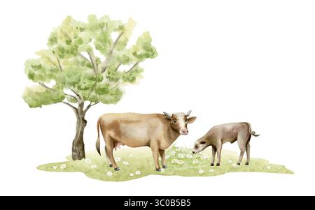 Aquarelle vache de pâturage avec bébé veau sur prairie d'herbe verte et illustration d'arbre isolé sur blanc. Animaux de ferme de pâturage avec des fleurs sauvages clip art Banque D'Images