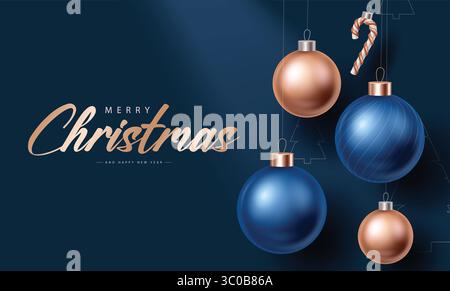 Clipart de Noël minimaliste avec boules bleues et dorées suspendues et canne à sucre sur fond bleu. Joyeux Noël voeux Clipart Design avec realis Illustration de Vecteur
