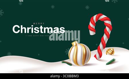 Conception de fond de vecteur de voeux de Noël. Joyeux Noël et bonne année texte de voeux avec d'élégantes boules de Noël, canne de bonbons et feuilles d'épicéa sur Illustration de Vecteur