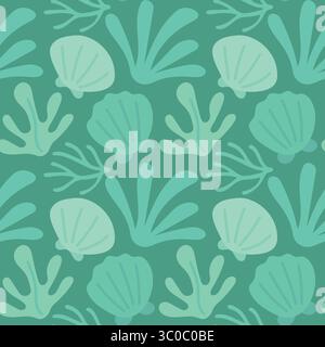 Les algues plates et les graphismes de coquille dans des teintes vertes apaisantes forment un motif océanique sans couture pour la conception de surface tropicale, les textiles naturels et sous-marins Illustration de Vecteur