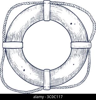 Illustration vectorielle de l'anneau Lifebouoy avec corde. Dessin linéaire de l'équipement de sécurité dessiné à la main dans le style de gravure vintage pour la conception nautique. Art gravé de sauveteur pour la conception marine peinte par des encres. Illustration de Vecteur