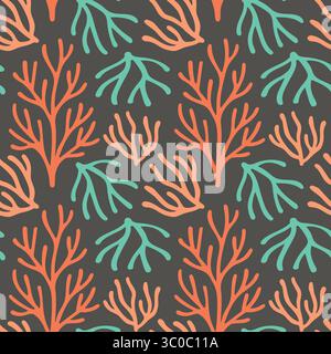 Les branches stylisées de corail et d'algues en orange et sarcelle forment un fond transparent d'inspiration marine tropicale idéal pour les textiles, le papier peint et la nature Illustration de Vecteur