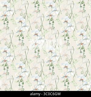 Motif floral gracieux répété avec fleurs d'orchidée blanche, bourgeons et feuilles d'aquarelle isolées. Fleurs design botanique sans couture tons pastel main Banque D'Images