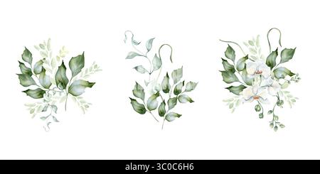 Bouquet de verdure de branches de houx et d'orchidée fleurissent délicate clipart d'aquarelle isolé. Feuillage grappes de feuilles dessinées à la main en vert doux. Blanc Banque D'Images