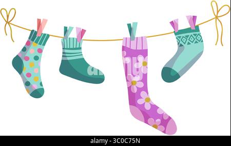 Chaussettes pour corde à linge. Chaussettes sur une corde, chaussettes de bébé avec dessins animés vectoriels de motifs Illustration de Vecteur